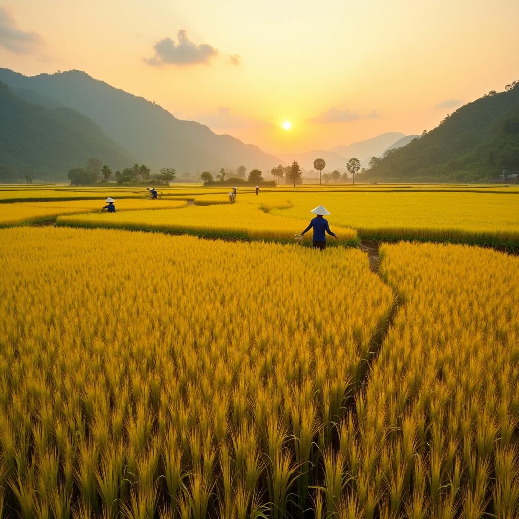 Cánh đồng lúa chín vàng óng ả vào mùa thu hoạch tại xã Bắc Thái Ninh, huyện Ân Thi, tỉnh Hưng Yên.