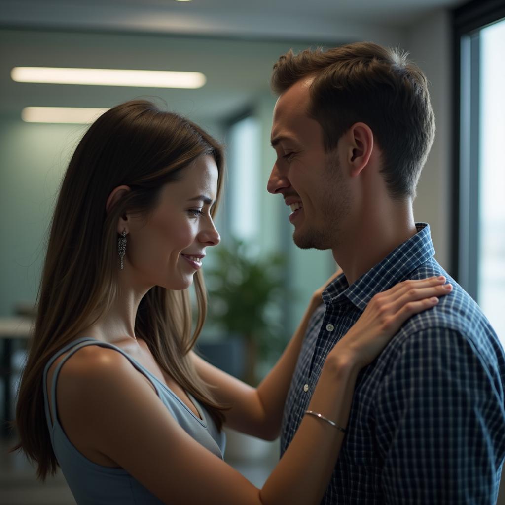 Một đồng nghiệp đang an ủi người bạn của mình, thể hiện sự hỗ trợ tinh thần và tình bạn chân thành nơi công sở