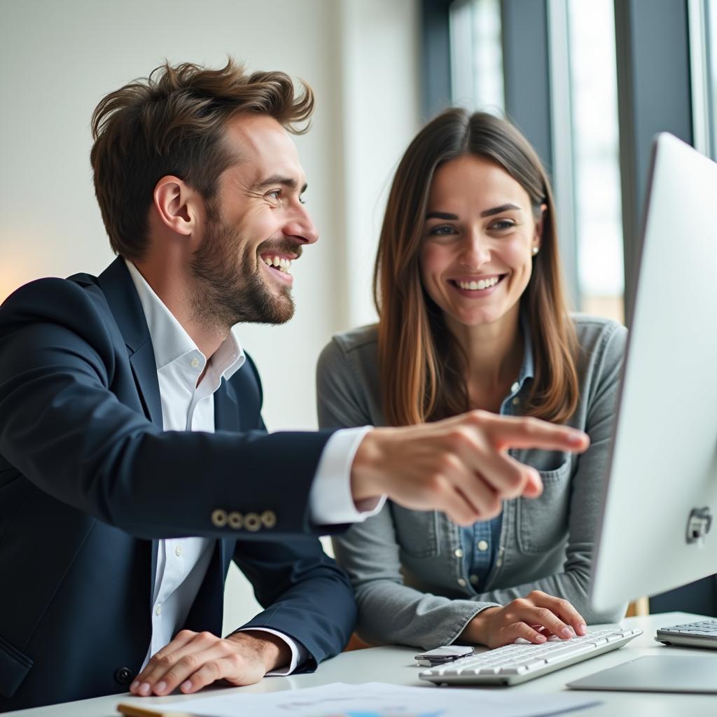Hai đồng nghiệp thân thiết, một nam một nữ, đang tươi cười và hỗ trợ nhau tại bàn làm việc trong một văn phòng hiện đại, thể hiện tinh thần cạnh tranh lành mạnh và tình bạn công sở