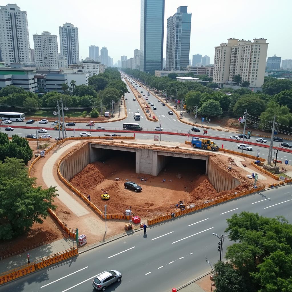 Hình ảnh dự án xây dựng cầu vượt hầm chui tại nút giao Nguyễn Hữu Thọ Nguyễn Văn Linh đang triển khai