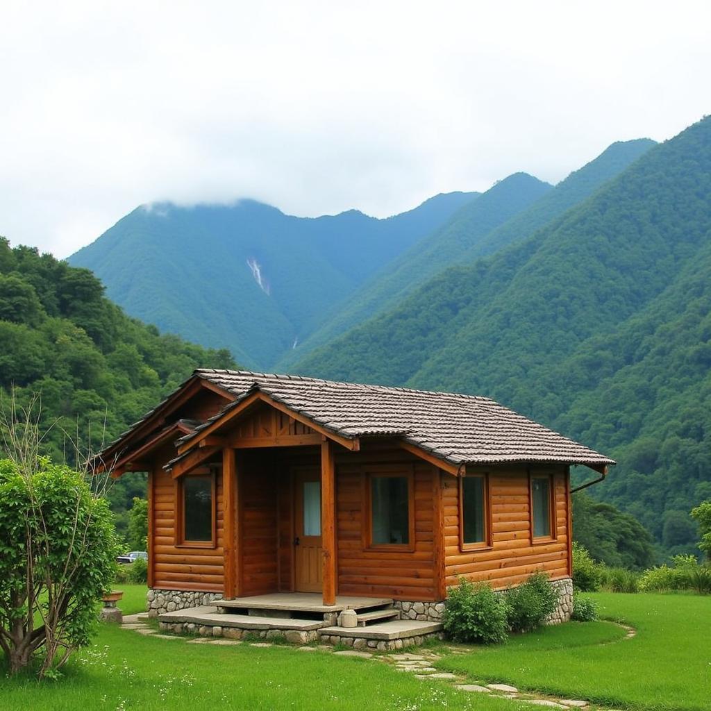 Homestay truyền thống ở Xã Du Già, Hà Giang với cảnh quan núi non phía sau