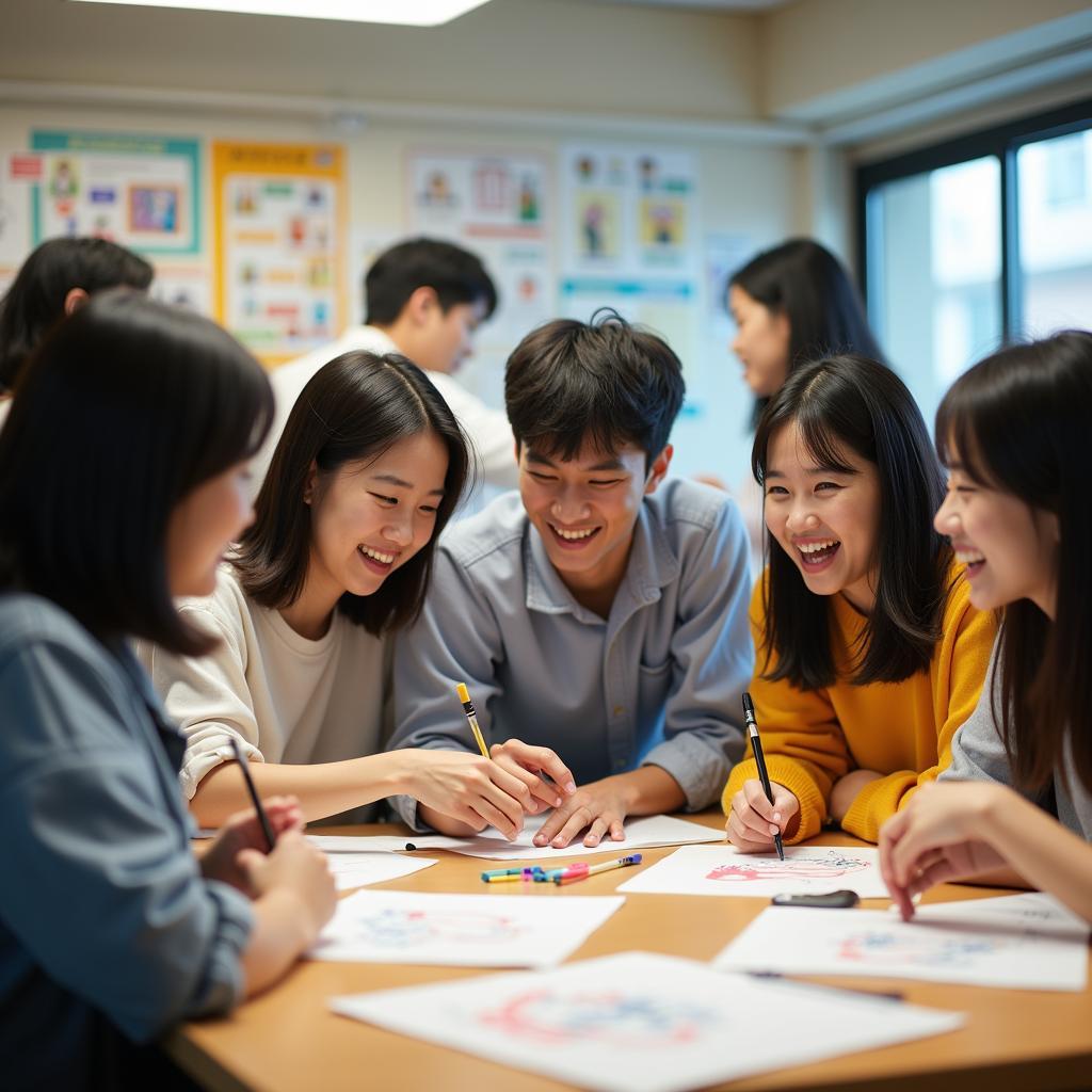 Hình ảnh du học sinh Việt Nam và các bạn Nhật Bản cùng tham gia hoạt động câu lạc bộ tại trường đại học
