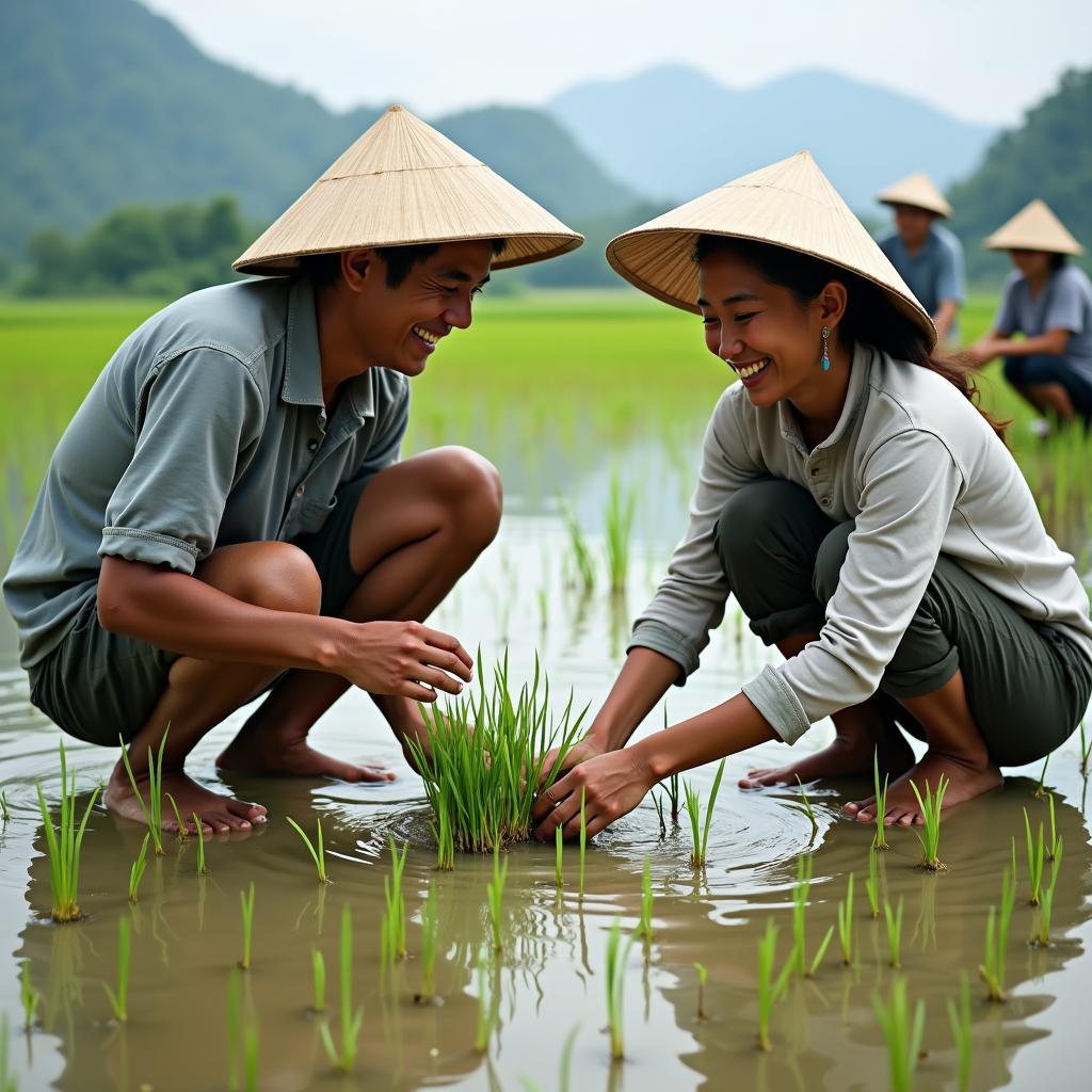 Du khách đang vui vẻ trải nghiệm cấy lúa cùng những người nông dân thân thiện trên cánh đồng tại Xã Hiệp Lực, Thái Nguyên.