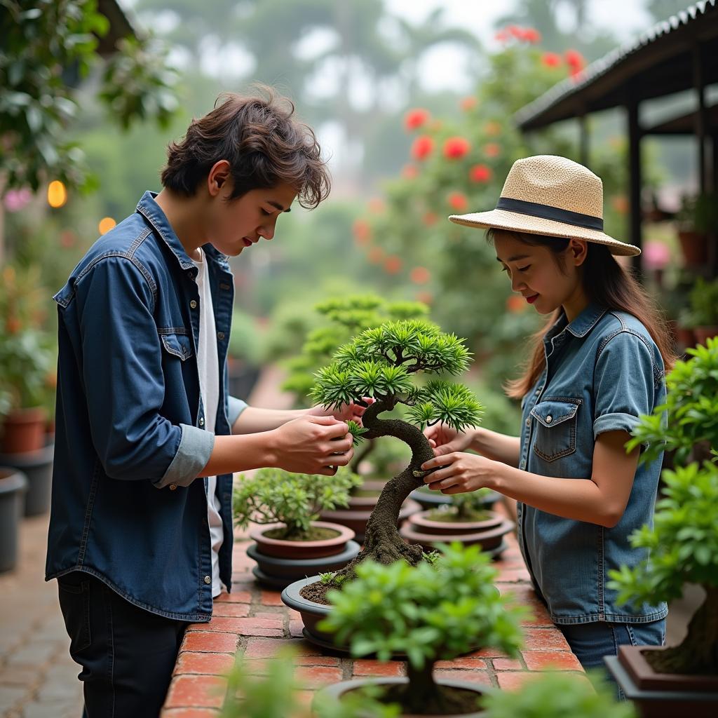 Du khách đang lựa chọn mua một chậu cây cảnh bonsai tại một nhà vườn ở Phụng Công, tỉnh Hưng Yên, không khí mua bán tấp nập.