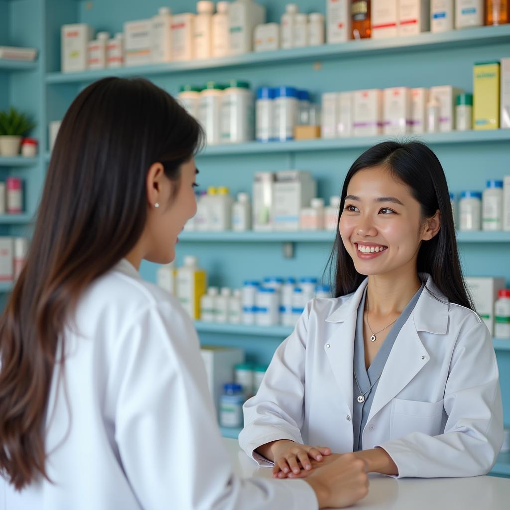 Dược sĩ tại nhà thuốc Minh Châu Thủ Đức đang tận tình tư vấn sản phẩm y tế chính hãng cho khách hàng.