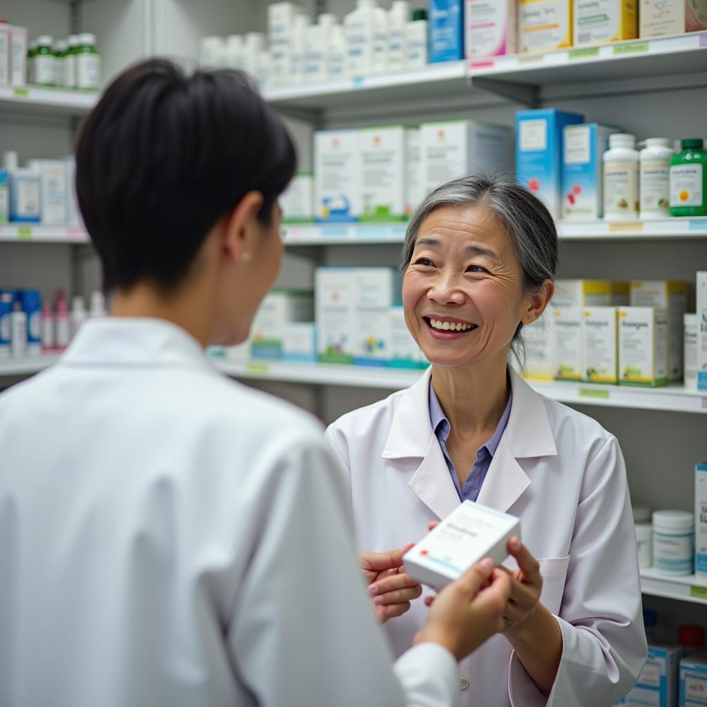 Nữ dược sĩ tại Nhà thuốc Ngọc Châu đang tận tình tư vấn về thuốc cho một khách hàng nữ lớn tuổi.