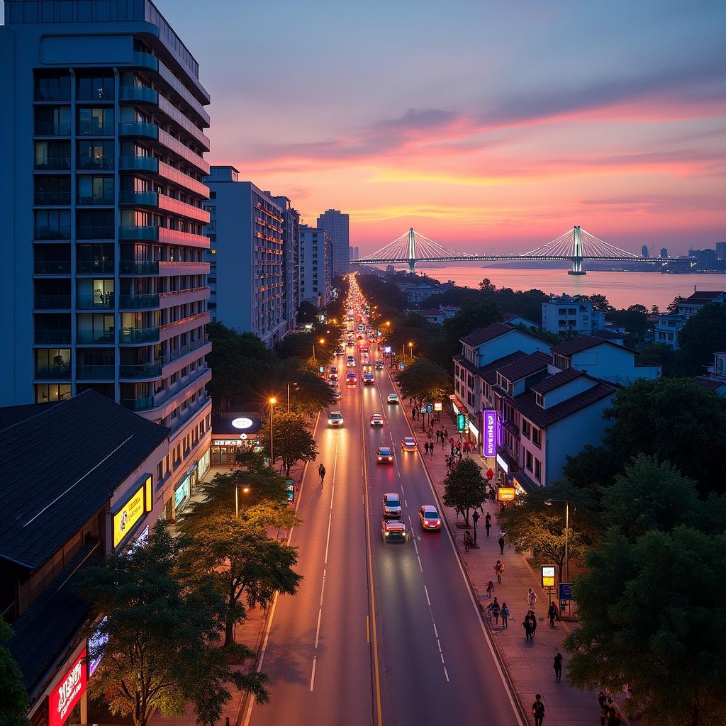 Toàn cảnh đường Bạch Đằng sầm uất ven sông Hàn và Cầu Rồng biểu tượng của Đà Nẵng