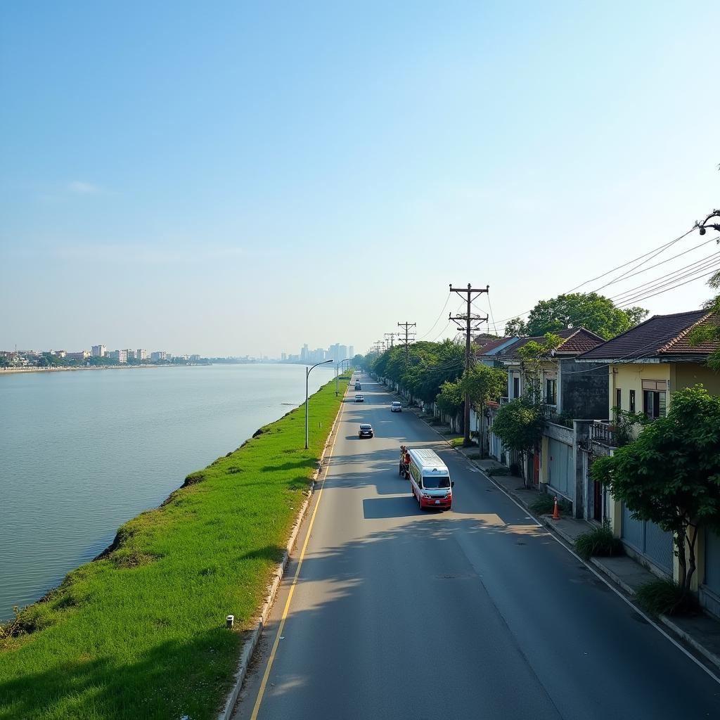 Toàn cảnh Đường Đê Vàng quận Long Biên chạy dọc theo bờ sông Hồng thoáng đãng