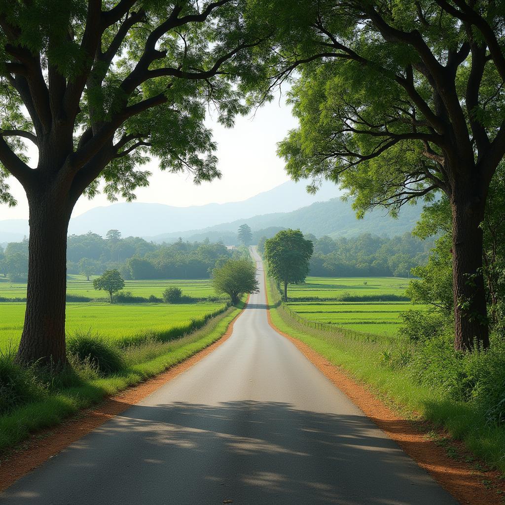 Con đường dẫn vào xã Cổ Đô, huyện Ba Vì, thành phố Hà Nội với cảnh quan làng quê.