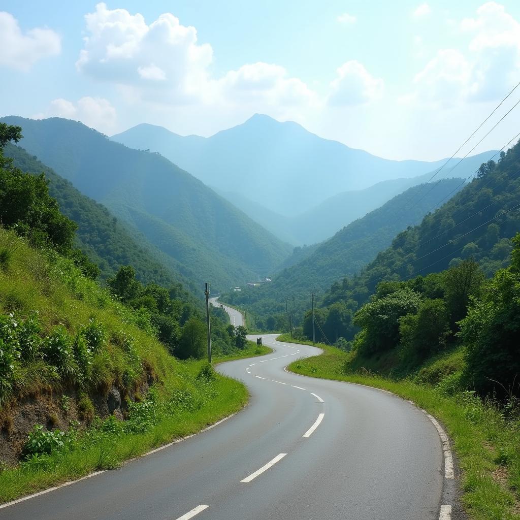 Con đường nhỏ dẫn vào Xã Đồng Văn, Tỉnh Tuyên Quang uốn lượn qua những ngọn đồi xanh mướt