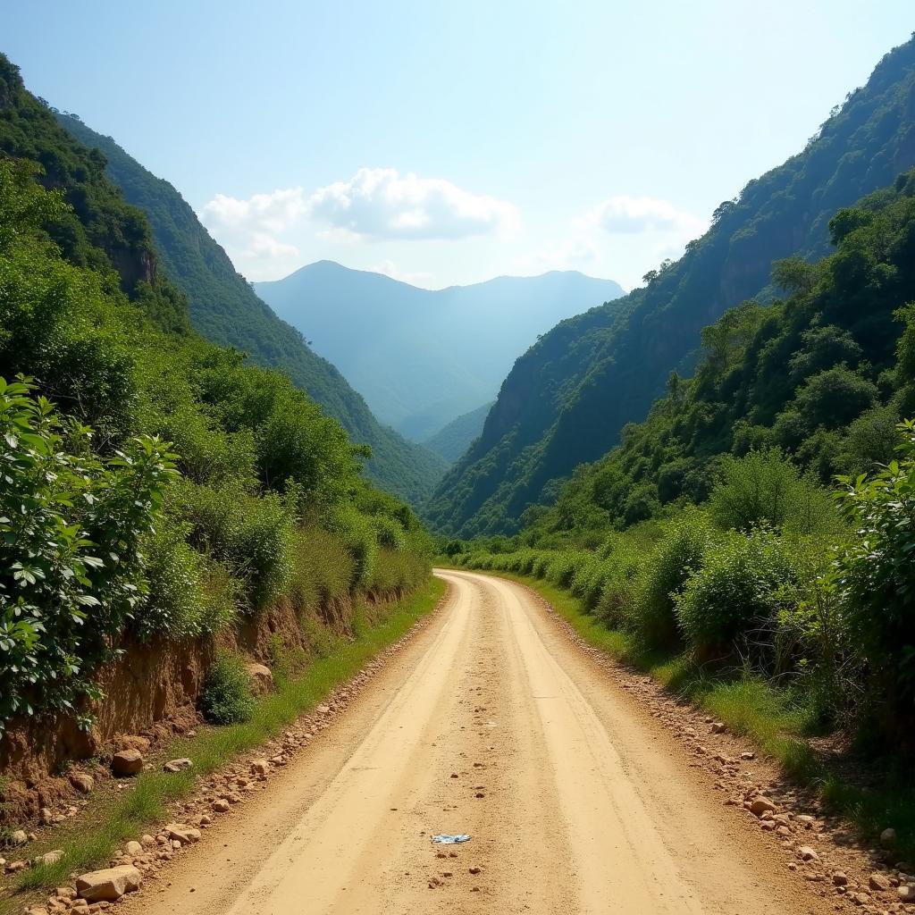 Con đường đất đỏ dẫn vào Xã La Dêê, Huyện Nam Giang, Tỉnh Quảng Nam giữa núi rừng