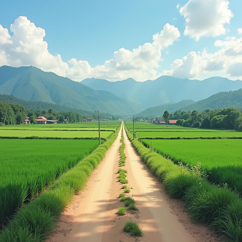 Hinh anh con duong dan vao Xa Cho Ra, the hien canh quan nong thon binh yen xung quanh