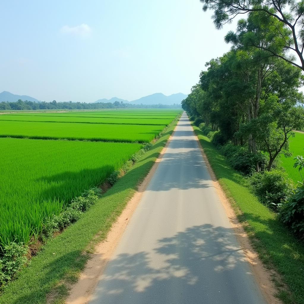 Con đường dẫn vào Xã Bình Phú, Tỉnh Tuyên Quang giữa đồng ruộng xanh mướt