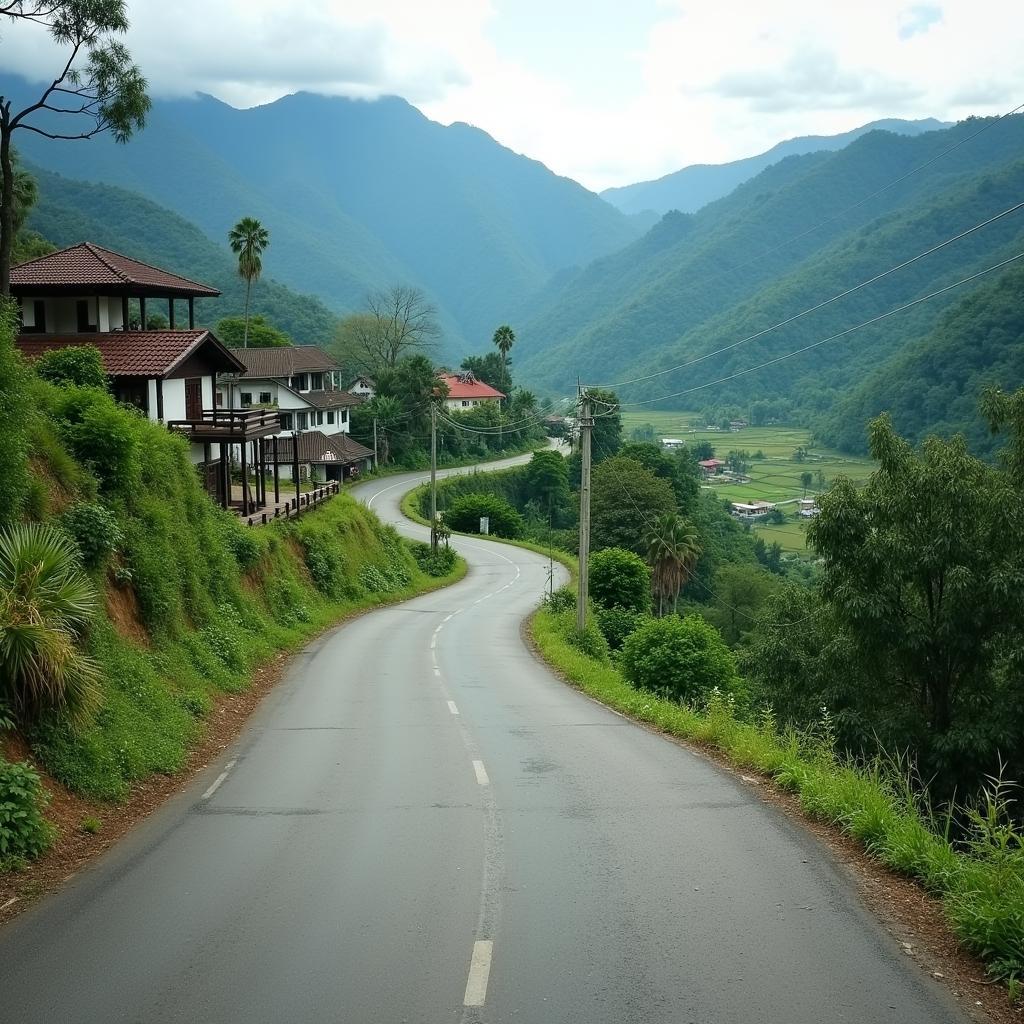 Toàn cảnh con đường dẫn vào một bản làng tại Xã Gia Phú, Tỉnh Lào Cai, với núi đồi và cây xanh bao quanh