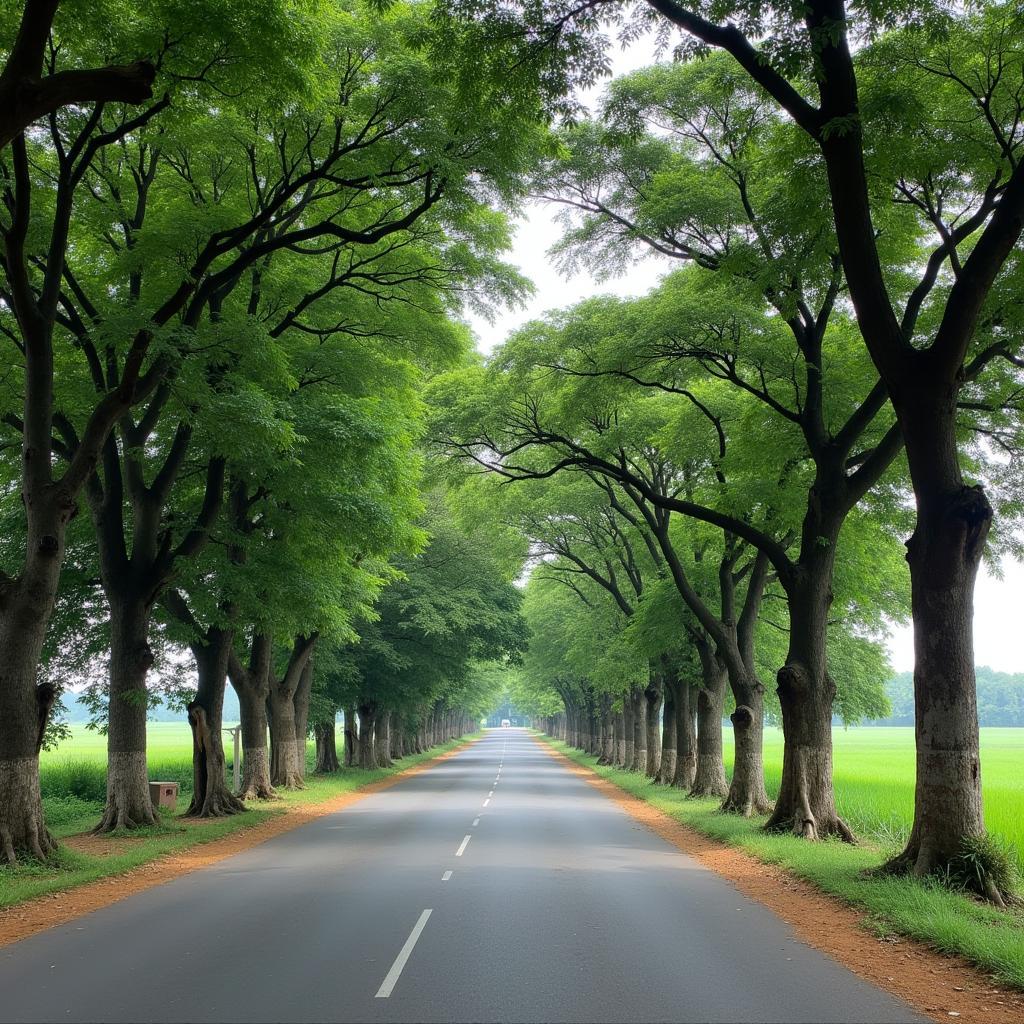 Con đường dẫn vào trung tâm Xã Lâm Thao, Tỉnh Phú Thọ với cây xanh hai bên và cảnh vật nông thôn