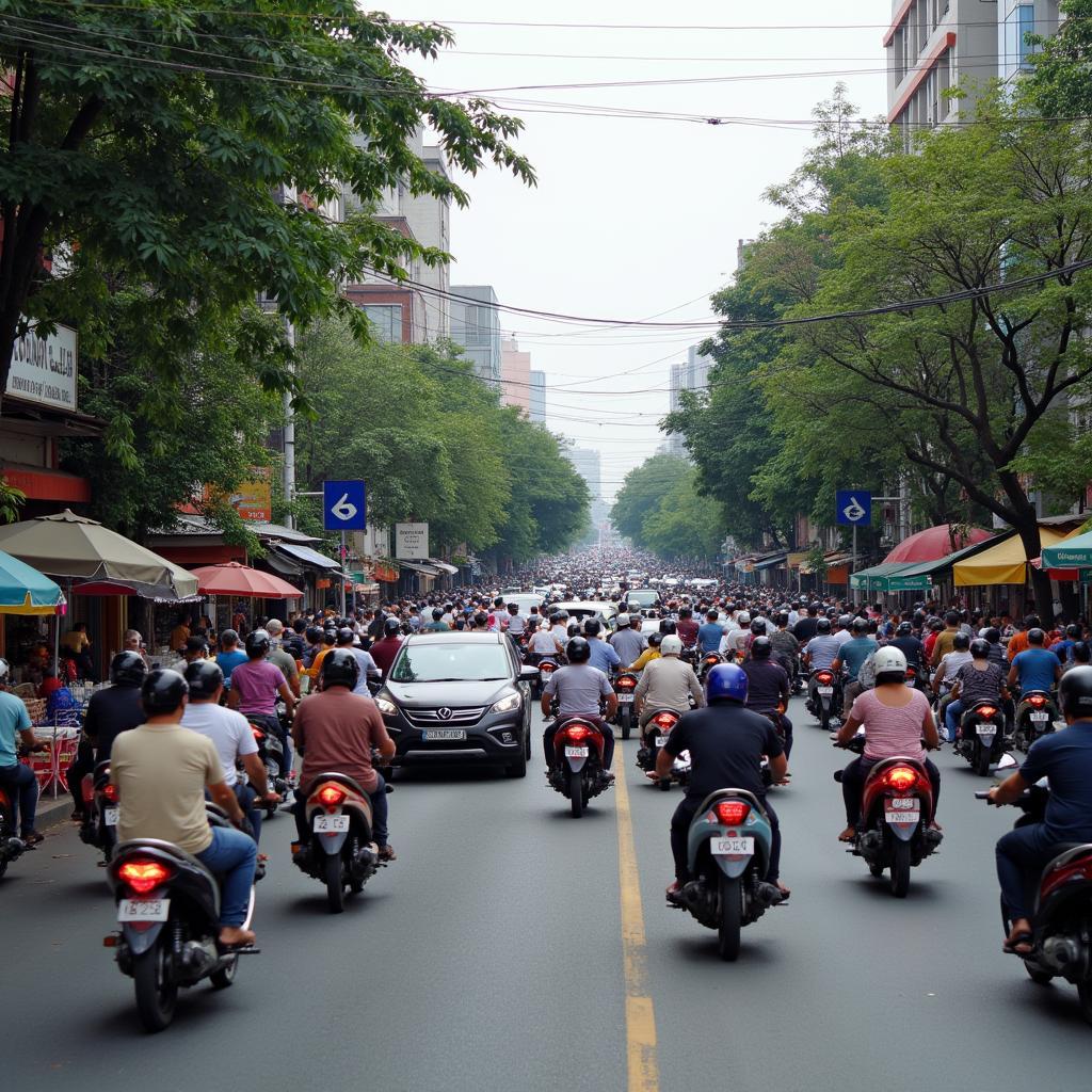 Hình ảnh thực tế đường Giải Phóng khu vực 1295 Hoàng Mai, Hà Nội với mật độ giao thông đông đúc, nhộn nhịp.