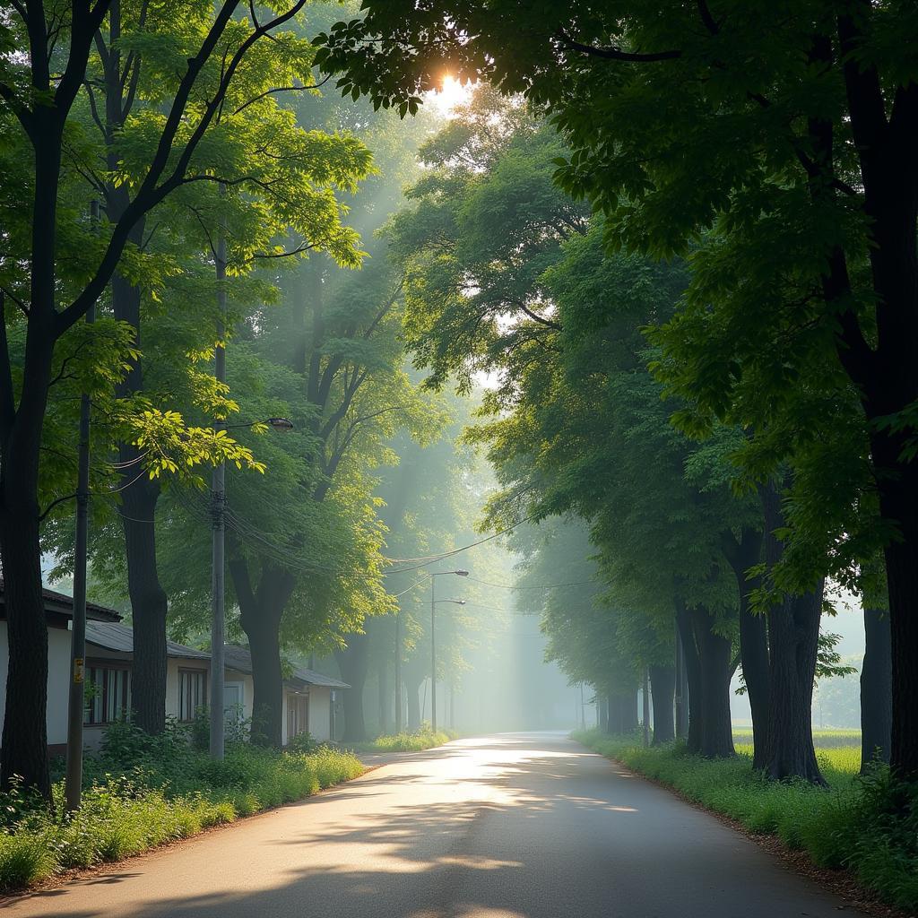 Con đường làng yên bình ở Vĩnh Thạnh, Đông Anh, Hà Nội với cây xanh hai bên.