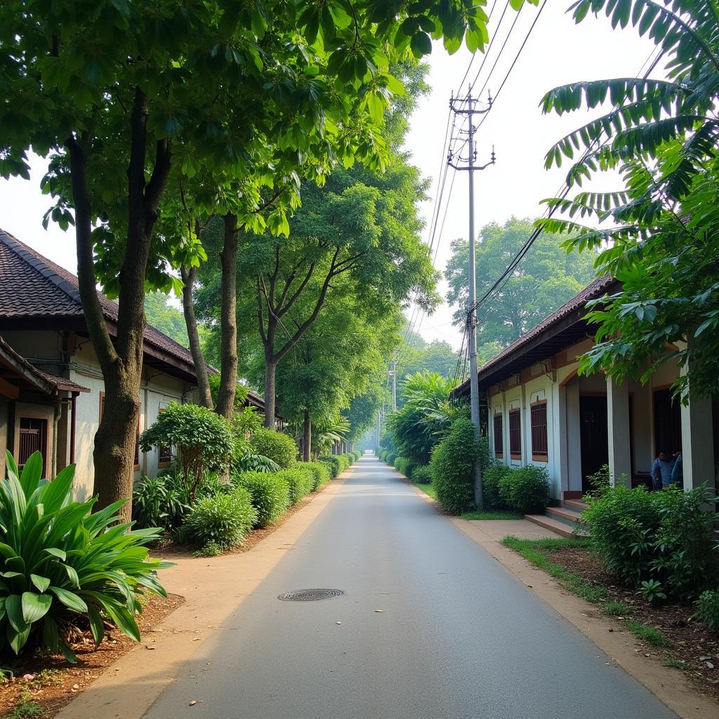 Con đường làng yên bình với cây xanh và nhà cửa truyền thống tại Xã Đức Phú, Huyện Núi Thành