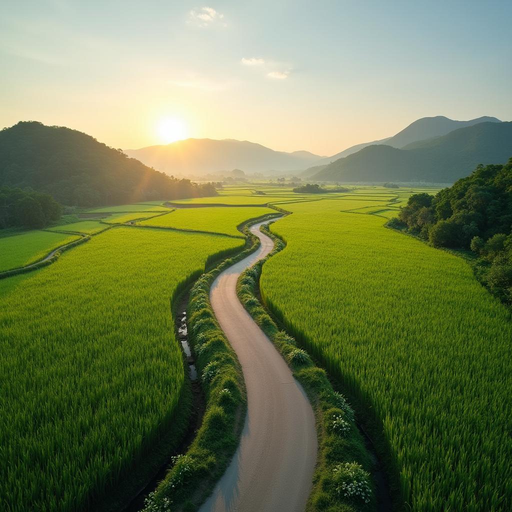 Con đường làng uốn lượn quanh co giữa những cánh đồng lúa xanh tại xã Quy Đức, tỉnh Phú Thọ vào một buổi chiều tà