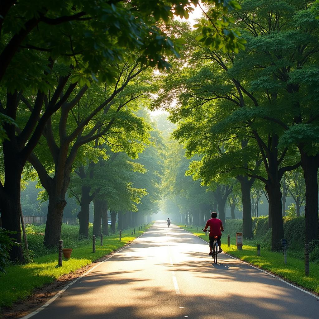 Hình ảnh con đường làng quê rợp bóng cây xanh tại Xã Phú Hòa Đông, Củ Chi, thể hiện không gian thanh bình và trong lành của vùng ngoại ô.