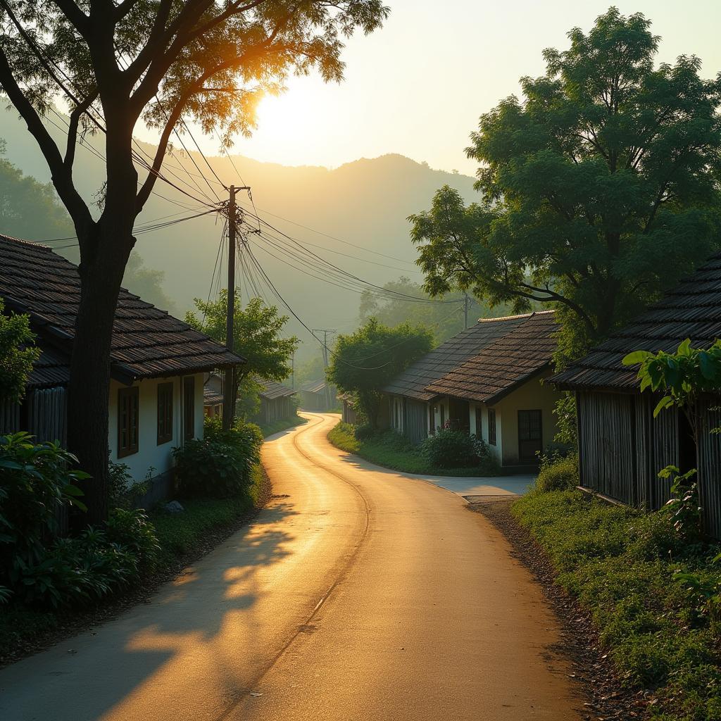 Con đường làng uốn lượn tại xã Đoan Hùng tỉnh Phú Thọ với hai hàng cây xanh mát và những ngôi nhà mái ngói bình dị