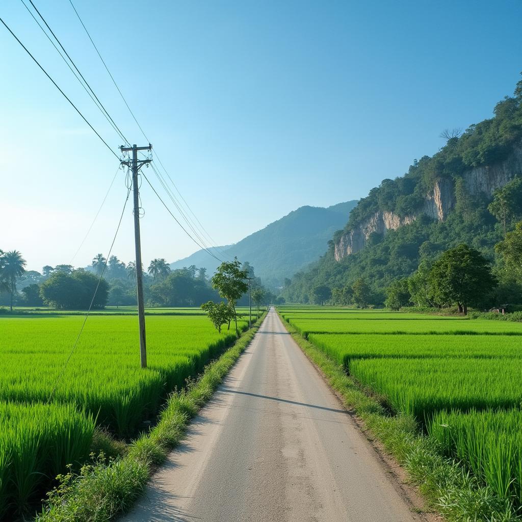 Hinh anh con duong lang yen binh dan vao khu vuc Xa Luc Ngan, Bac Ninh voi ruong lua xanh mat hai ben