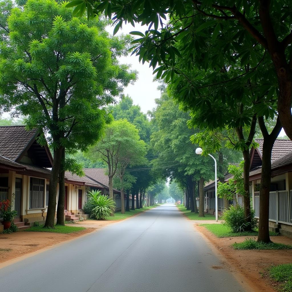 Con đường làng yên bình tại Xã Thanh An, Huyện Dầu Tiếng, Tỉnh Bình Dương với hàng cây xanh mát