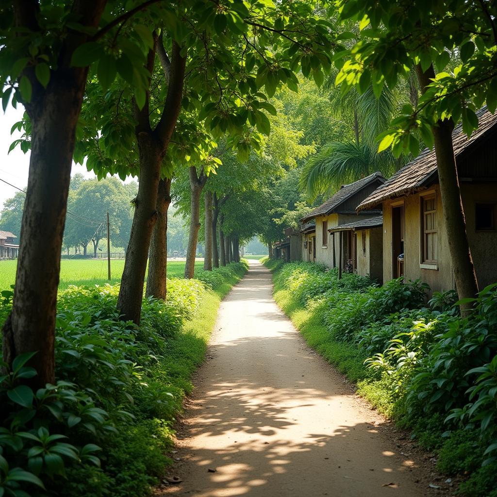 Con đường làng rợp bóng cây xanh mát tại Nhữ Khê, thể hiện sự yên bình và gần gũi thiên nhiên.