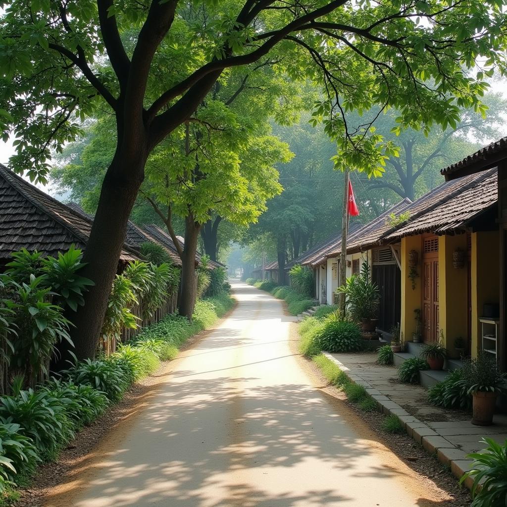 Con đường làng yên tĩnh với hàng cây xanh và nhà cửa giản dị tại Xã Ba Bể, Tỉnh Thái Nguyên