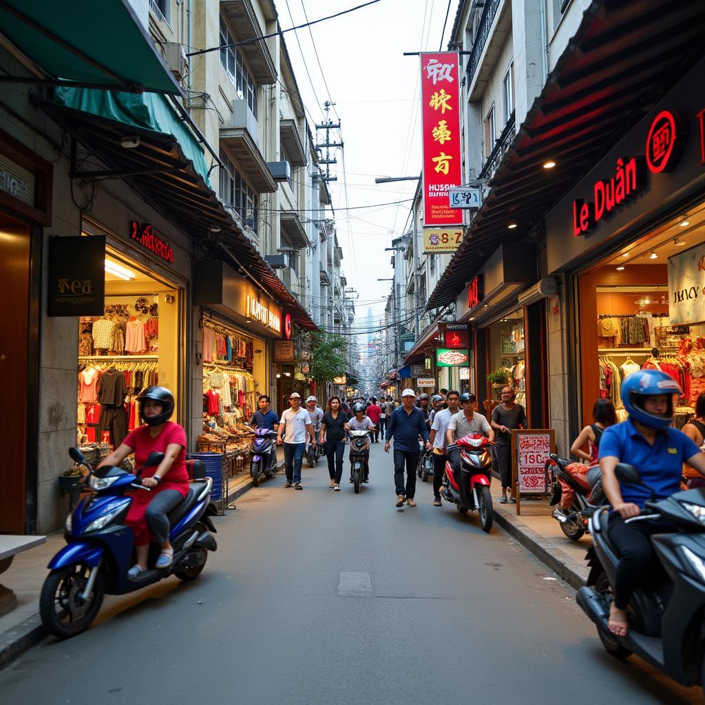 Hình ảnh đường Lê Duẩn TP Đà Nẵng sầm uất vào ban ngày với nhiều cửa hàng thời trang và dòng người qua lại