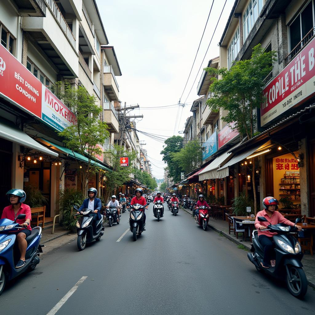 Toan canh duong Le Van Khuong P Hiep Thanh Quan 12, khu vuc sam uat voi nhieu cua hang va giao thong dong duc.