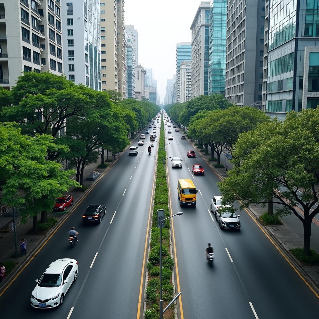 Hình ảnh đường Liên Cơ tại quận Nam Từ Liêm, Hà Nội với giao thông tấp nập và các tòa nhà hiện đại.