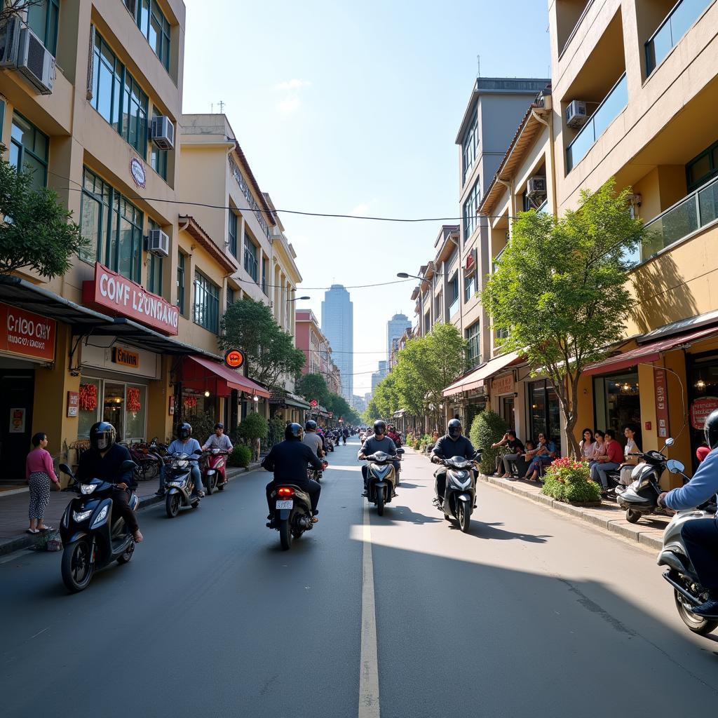 Con đường Lý Bôn tại trung tâm thành phố Thái Bình sầm uất với nhiều cửa hàng, tòa nhà và giao thông tấp nập