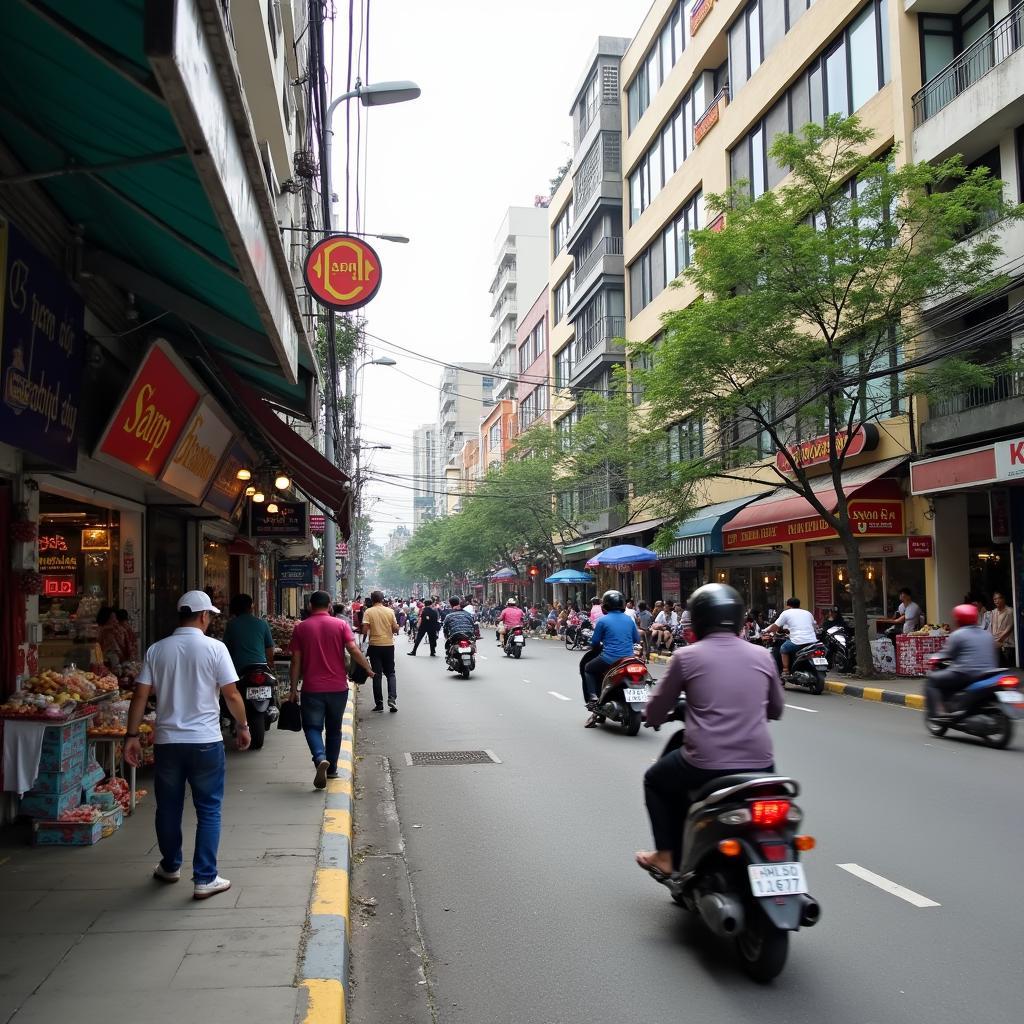 Một góc đường Nguyễn Giản Thanh sầm uất tại Phường Hòa Hưng, Quận 10, với nhiều cửa hàng và người đi lại