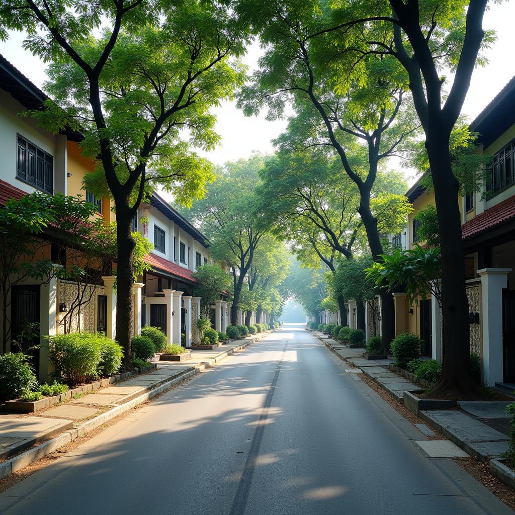 Đường nội bộ yên tĩnh trong khu dân cư Tân Tạo A, Bình Tân với nhà phố và cây xanh.