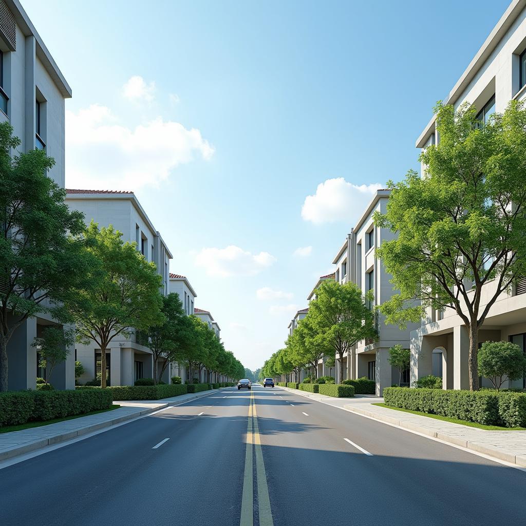 Hình ảnh một con đường mới, rộng rãi tại Phường Vân Hà, Bắc Ninh với cây xanh hai bên và các ngôi nhà hiện đại