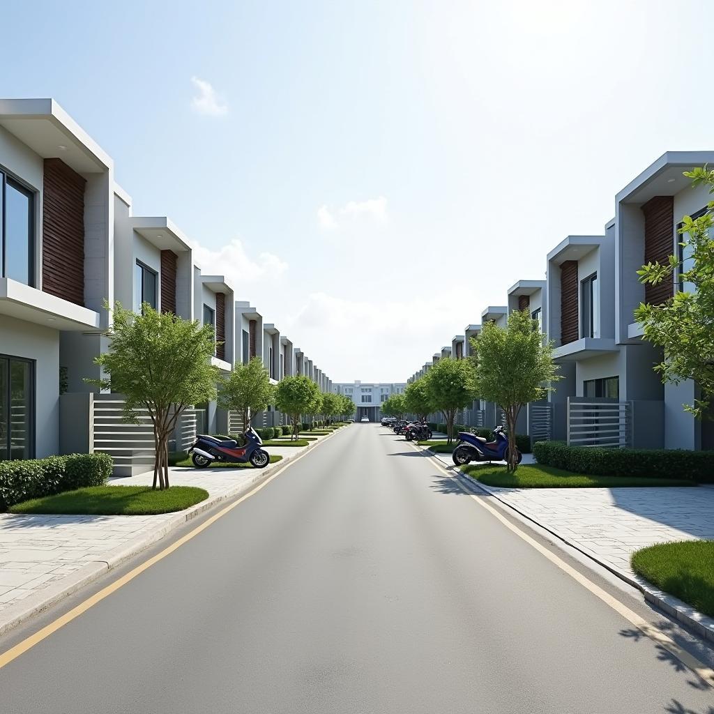 Hình ảnh một góc đường phố tại khu dân cư mới ở Phường Nhân Hòa, Bắc Ninh với nhà cửa khang trang và đường xá sạch đẹp