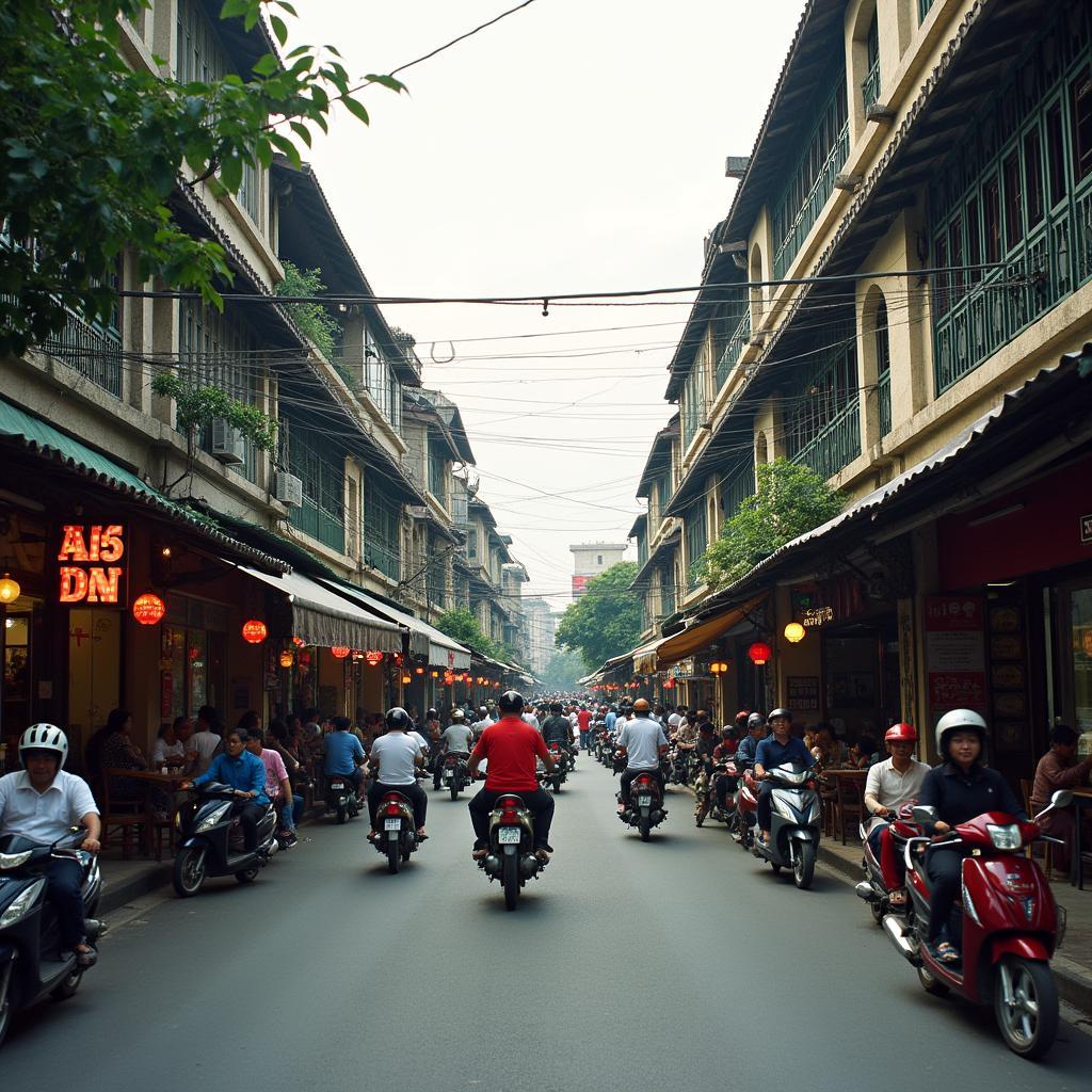 Toàn cảnh đường phố Khương Trung sầm uất với hoạt động mua bán kinh doanh.