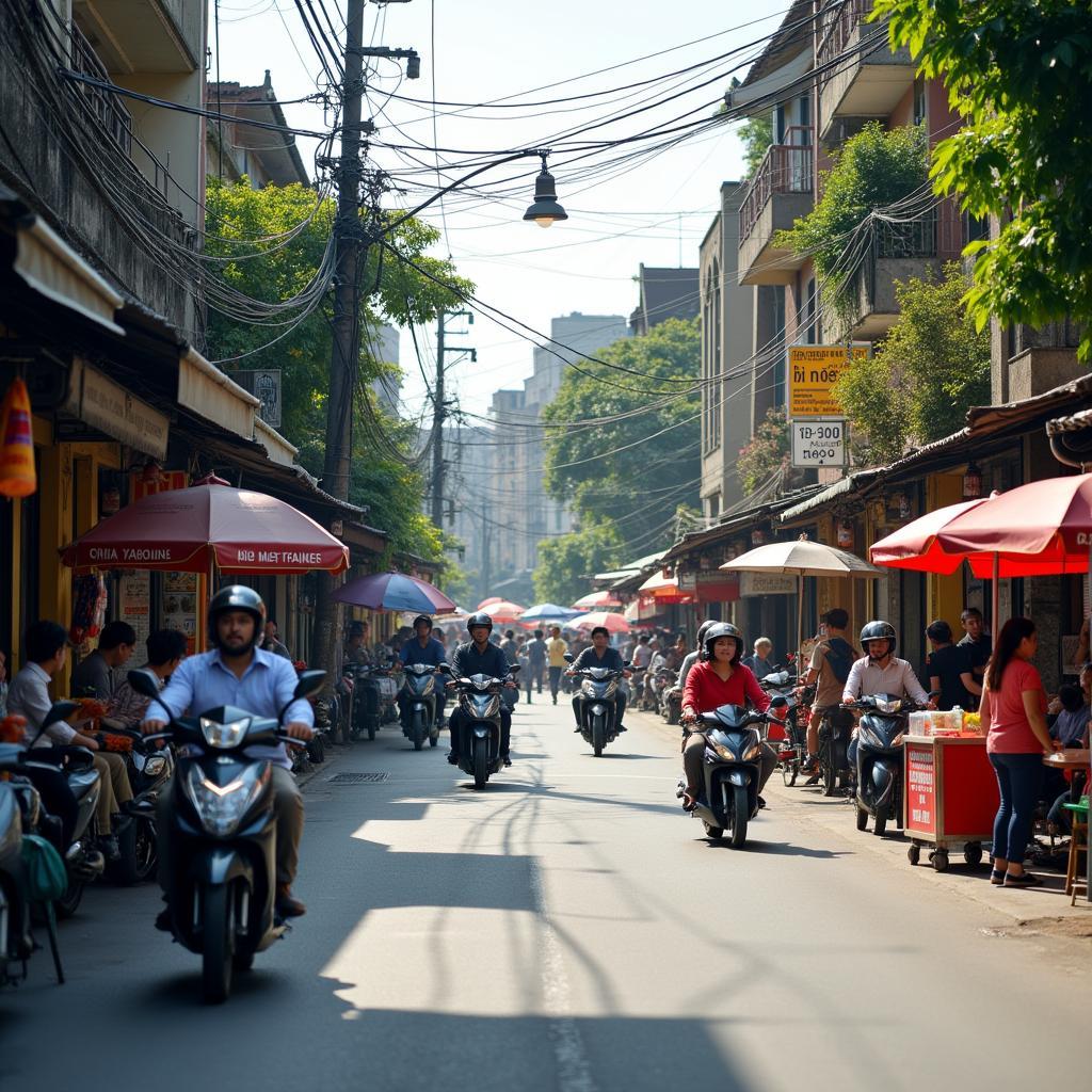 Cảnh đường phố nhộn nhịp ở Quận Long Biên, Hà Nội với các hoạt động thường ngày
