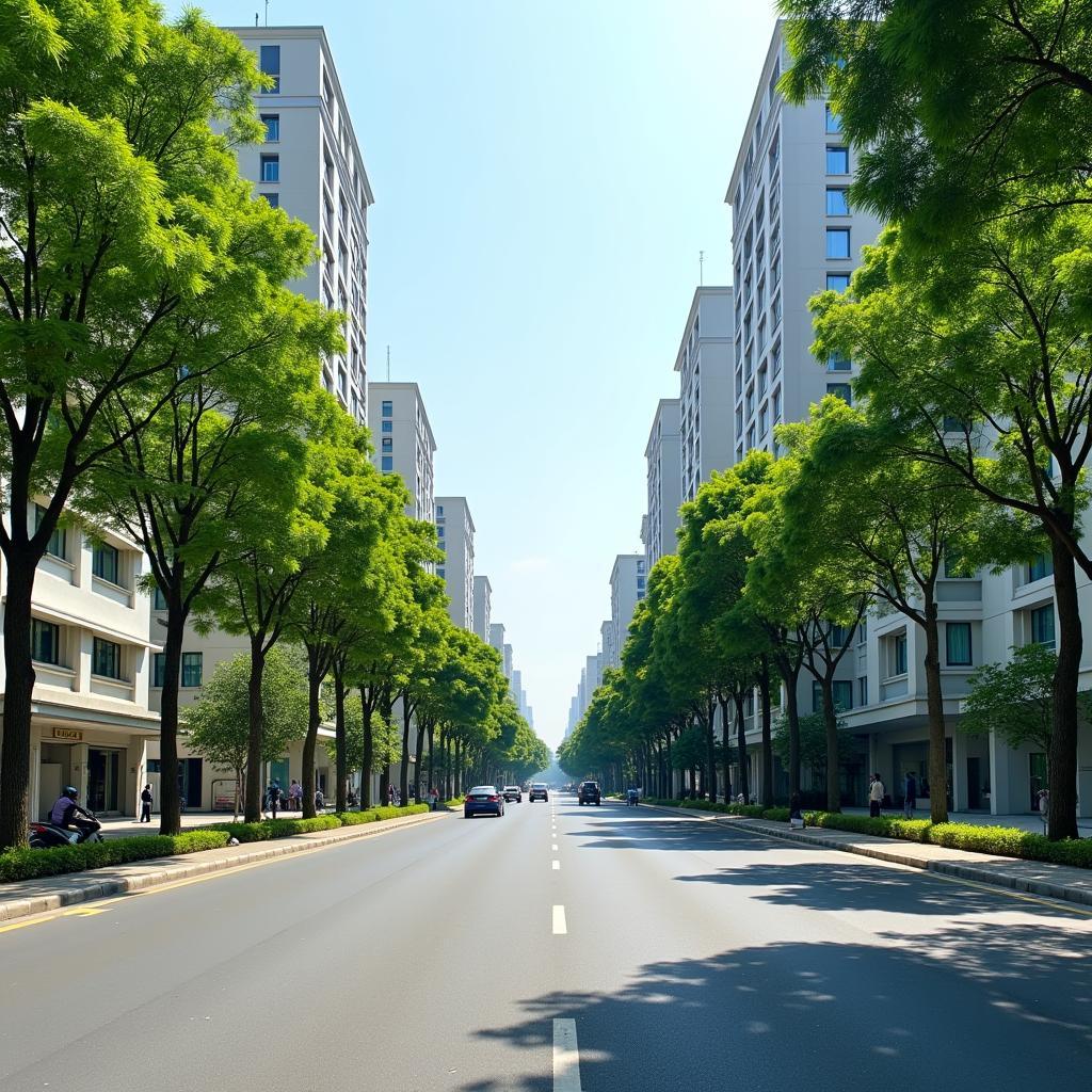 Hình ảnh một con đường rộng rãi, sạch đẹp tại Phường Tân Mỹ, Quận 7 với cây xanh hai bên và các tòa nhà hiện đại
