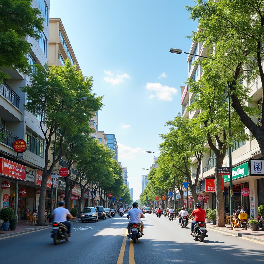 Hình ảnh một góc phố hiện đại và sầm uất tại Phường Quyết Thắng, Tỉnh Thái Nguyên, thể hiện nhịp sống năng động.