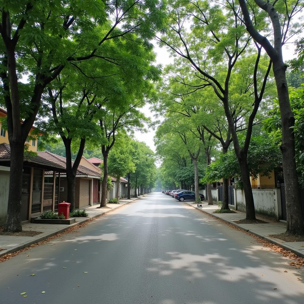 Một con đường làng điển hình tại Xã Trung Giã, Huyện Sóc Sơn, Thành phố Hà Nội với cây xanh và nhà cửa dân cư