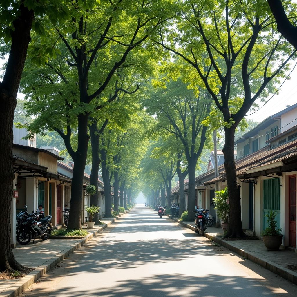 Con đường rợp bóng cây xanh yên tĩnh tại Phường Bình Thạnh, Tuy Hòa với những ngôi nhà bình dị