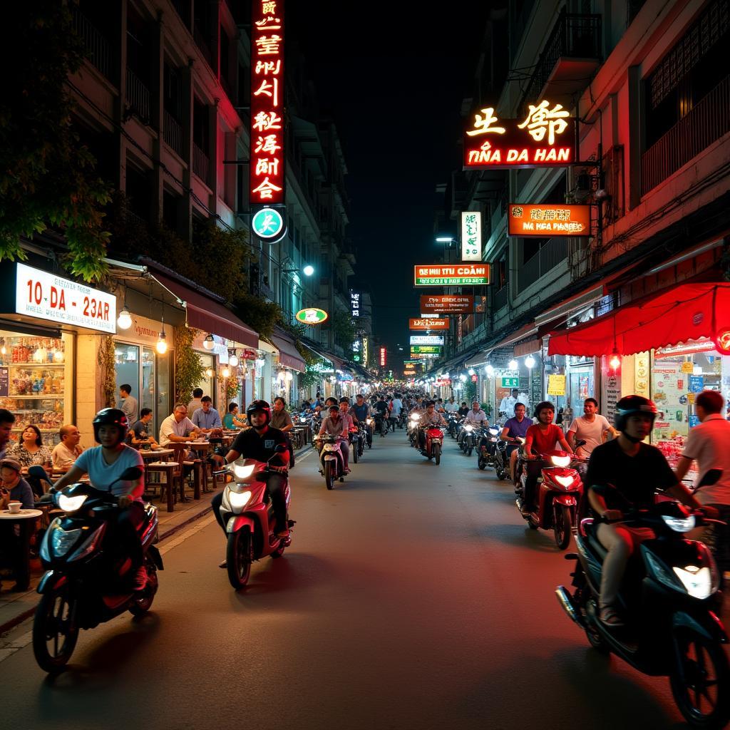 Hình ảnh con đường Tản Đà thành phố Đà Nẵng nhộn nhịp, sôi động với hàng quán san sát và dòng người qua lại