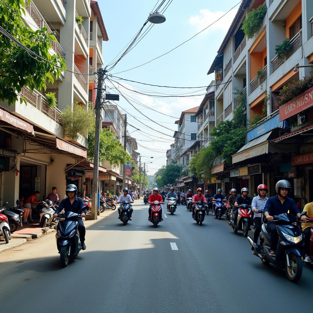 Hình ảnh tổng quan đường Tân Thuận Tây Quận 7 thể hiện nhịp sống và giao thông khu vực