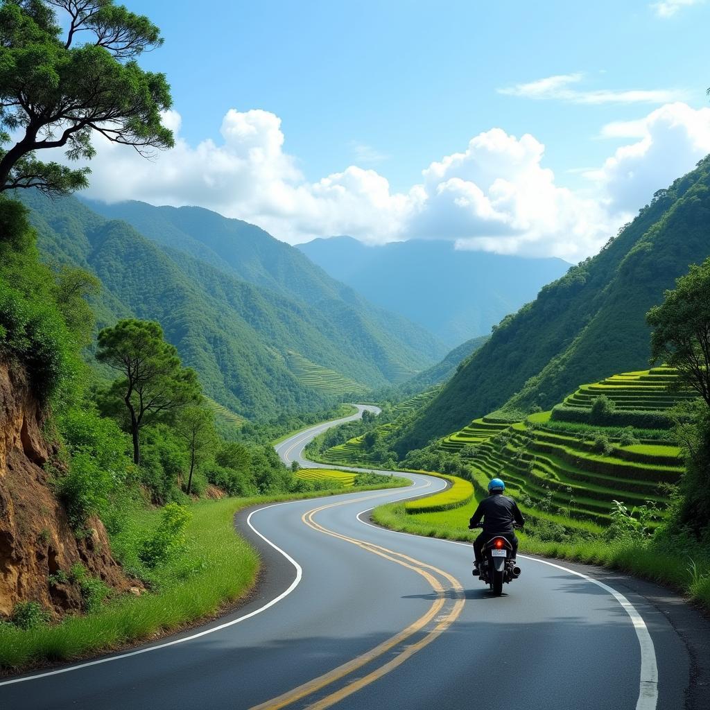 Cung đường quanh co uốn lượn dẫn vào xã Hoàng Su Phì, Tỉnh Tuyên Quang với hai bên là núi đồi xanh mướt và những thửa ruộng bậc thang thấp