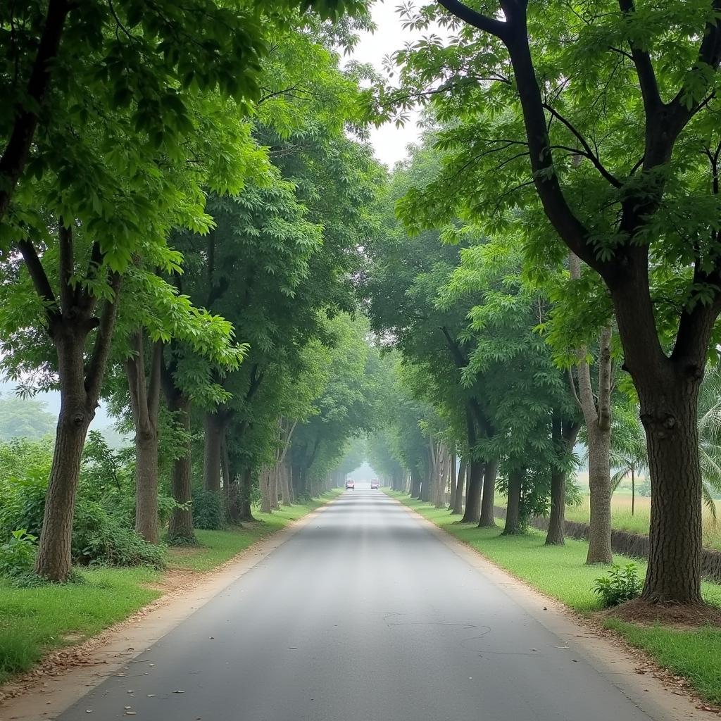 Hướng dẫn đường đi vào trung tâm Xã Minh Dân Tỉnh Tuyên Quang với con đường nhựa và cây cối xanh mát