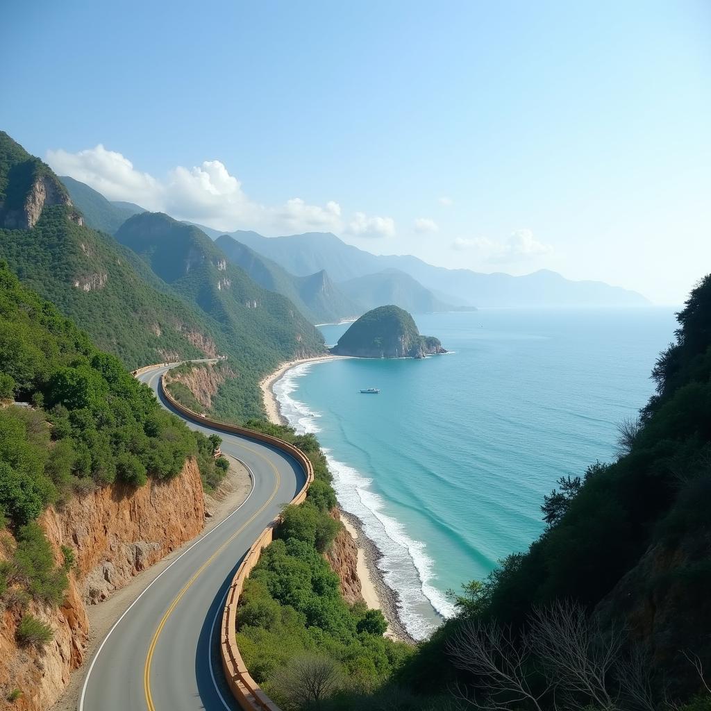 Cảnh đẹp cung đường ven biển qua Phường Hải Vân, Quận Liên Chiểu, Thành phố Đà Nẵng với biển và núi hùng vĩ.