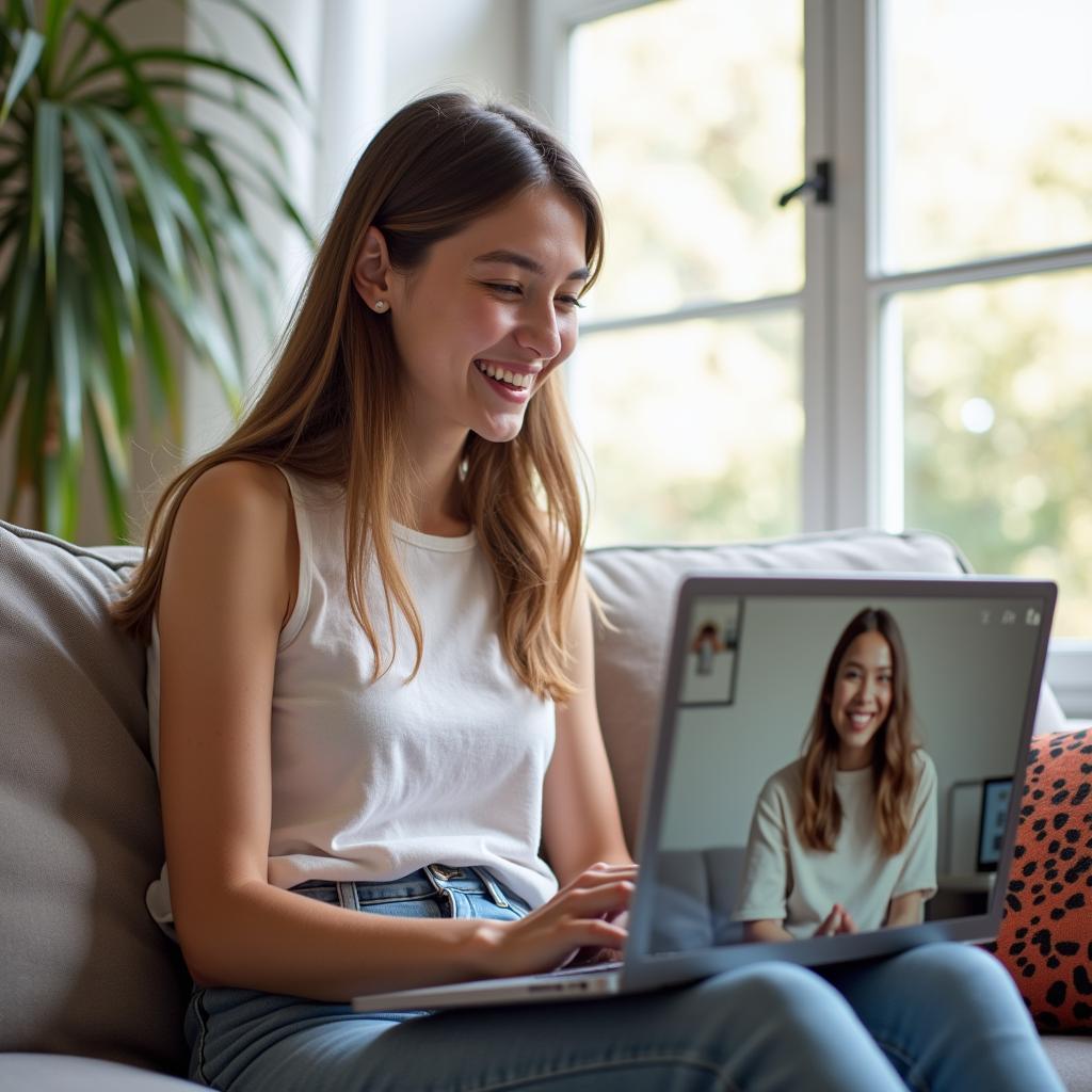 Một cô gái đang mỉm cười vui vẻ khi gọi video cho người bạn thân ở xa, minh họa cho cách duy trì tình bạn bền lâu dù có khoảng cách địa lý