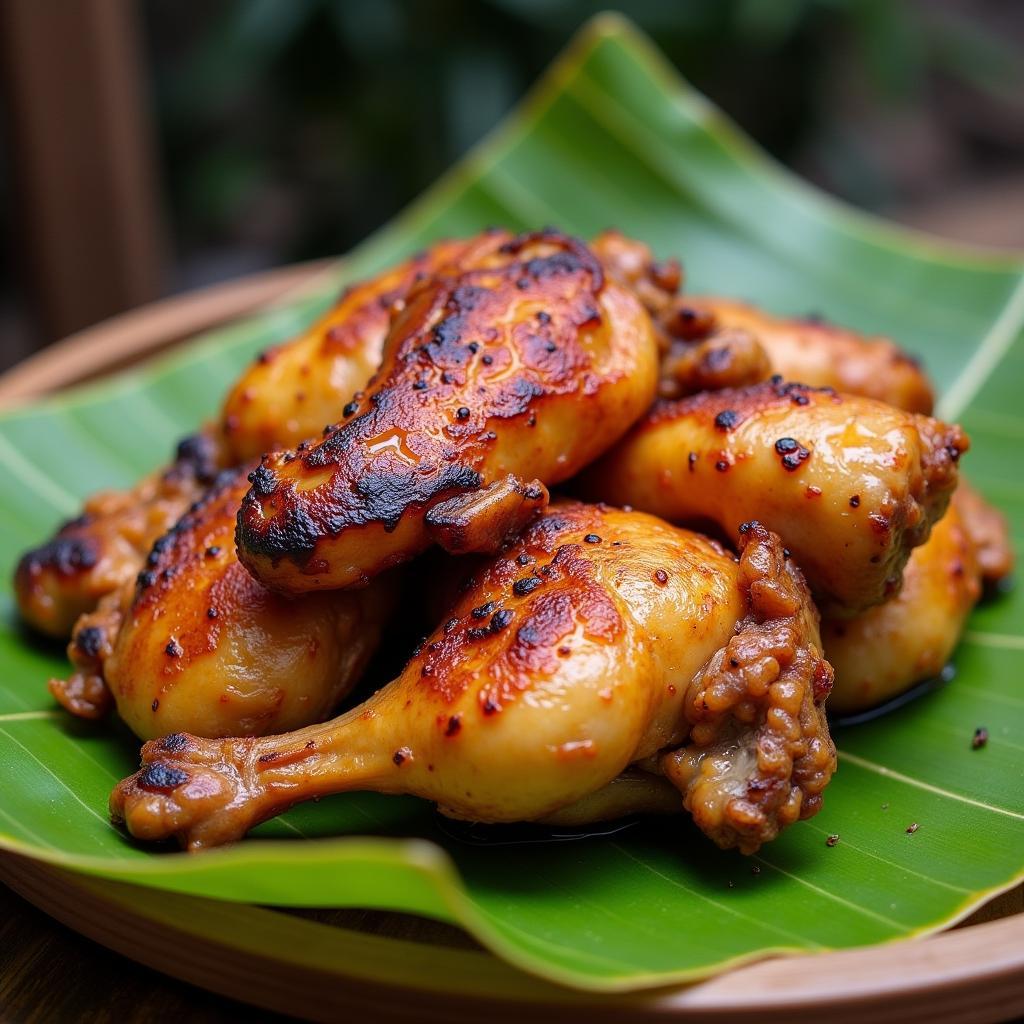 Đĩa gà đồi nướng mật ong vàng óng, thơm lừng, được bày trên lá chuối tươi, đặc sản không thể bỏ qua khi đến Lục Sơn